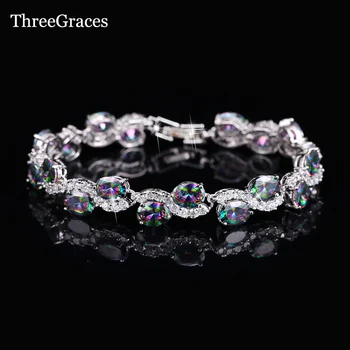 

ThreeGraces Exquisite S Shape Silver Color Zirconia Pave Colorful Austrian Crystal Charm Bracelets For Women Party Jewelry BR028