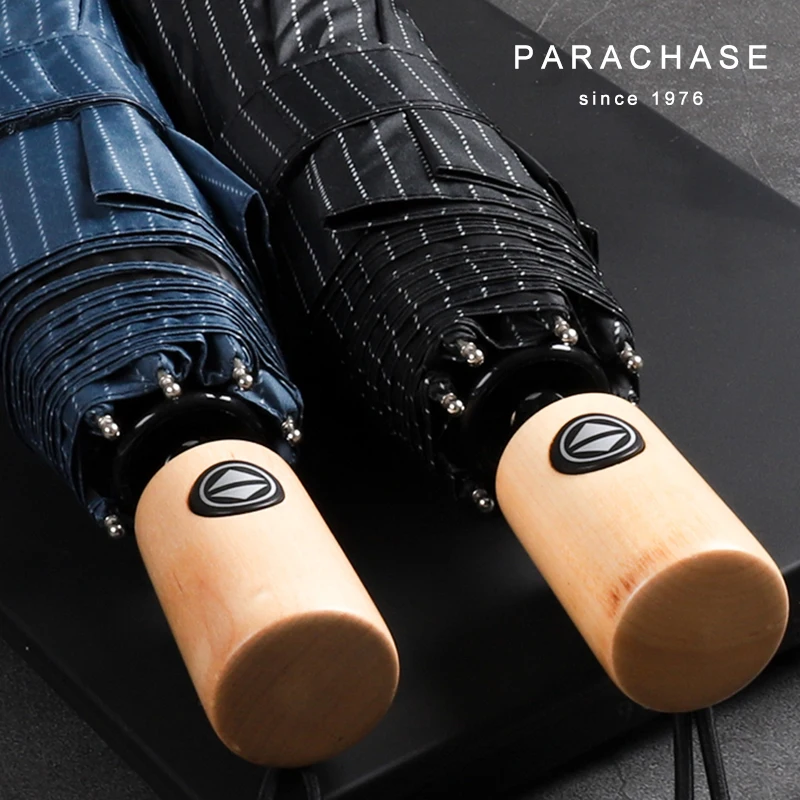 

Parachase Wood Automatic Umbrella Men Women Windproof Japanese Style 3 Folding Umbrellas Wooden Handle 8 Ribs Auto Rain Umbrella