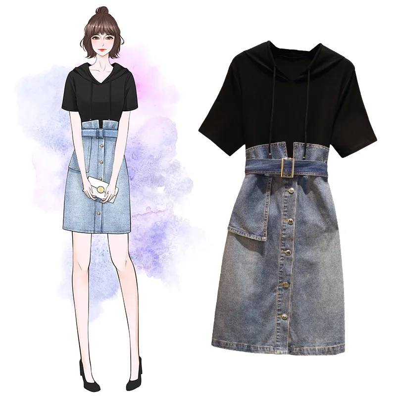 

P Ammy 2019 Large size women's summer dress female Fashion denim stitching dress plus size L~5XL