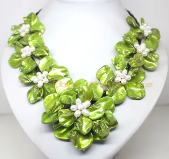 

-new Style Hot sale***white pearl green shell pearl shell 7 flower handmade necklace 18" Jewelry Fashion Wedding Party Jewellery