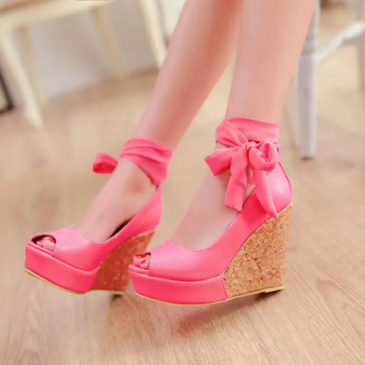 pink tie up wedges