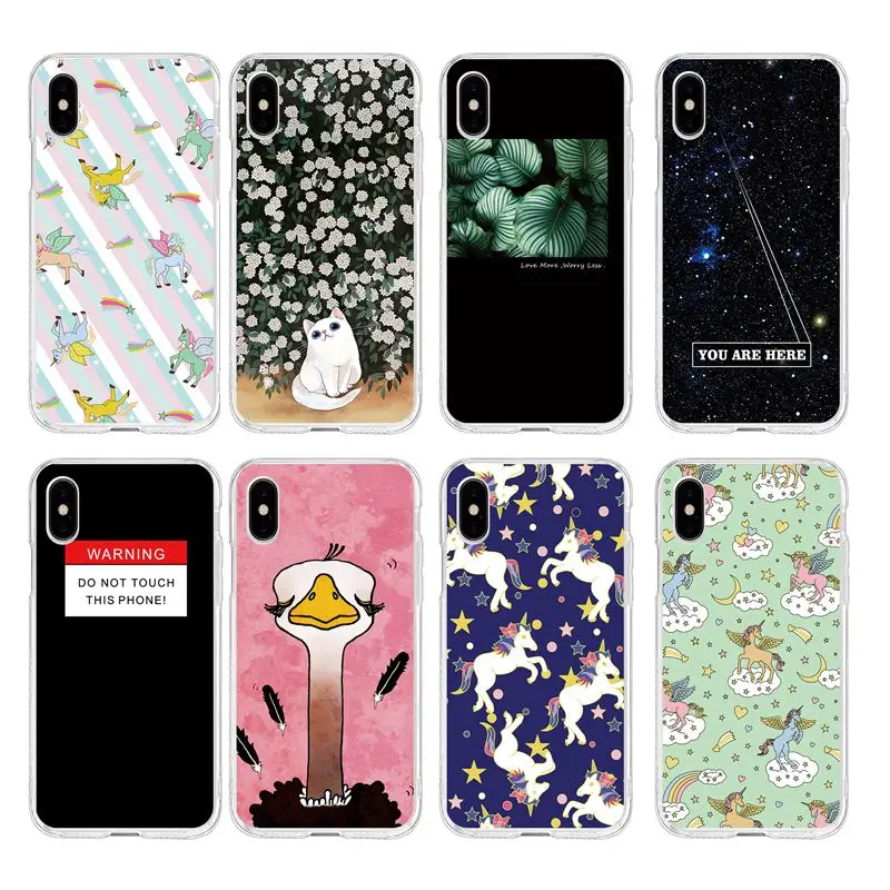 

Cartoon colorful Unicorn cat Leaf Starry sky TPU Phone Case For iPhone 6 6S Plus 7 7Plus 8Plus iPhone X 5s 4s C305