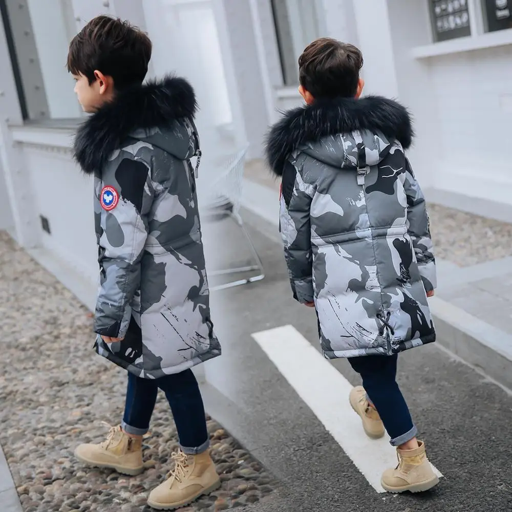 

HSSCZL 2019 duck winter boys Camouflage down jacket Medium long kids boy coat children Natural fur collar hooded outerwear 8-16Y