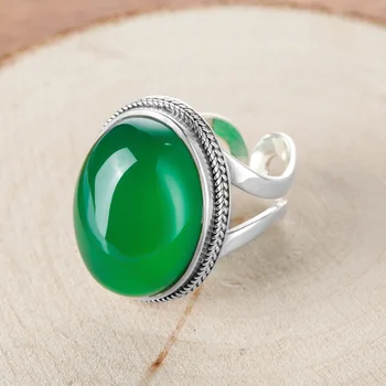 

2018 new High quality women jewelry925 stamped Sterling silver Natural semi-precious stone green chalcedony rings lovers gift