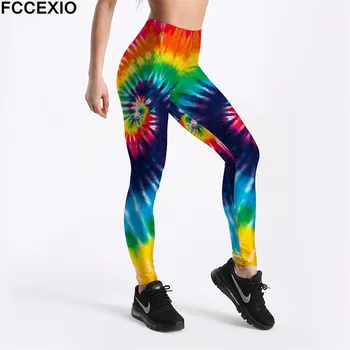 

FCCEXIO New Workout Leggings High Waist Fitness Legging Dye Rainbow 3D Printed Leggins Female Leg Pants Large Size Leggings