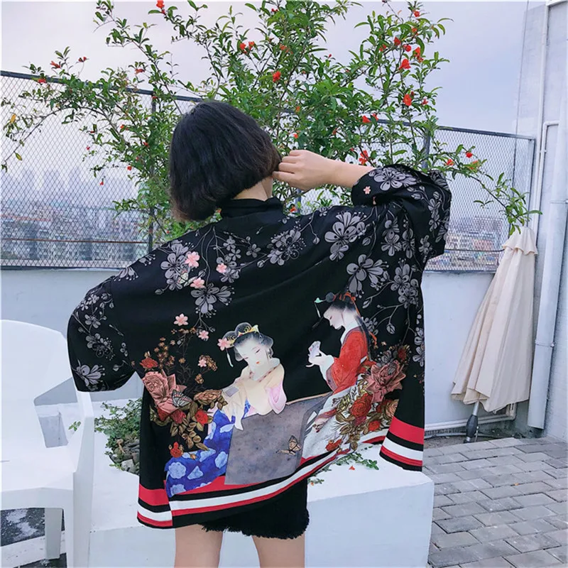 

Kimono Printed Chiffon Cardigan Women Blouse 2019 Summer Harajuku Bf Loose Japanese Style V Neck Sun Protection Clothing