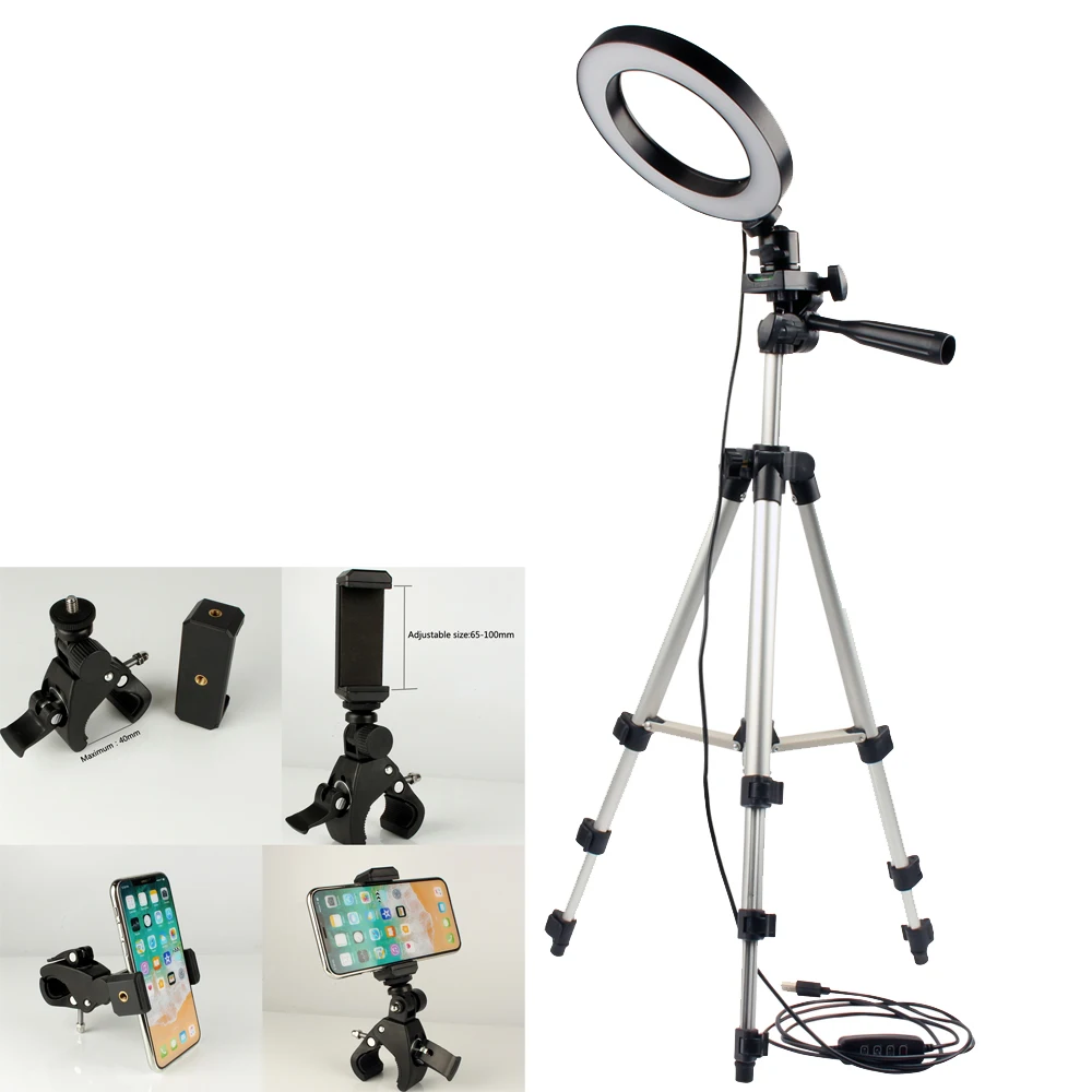 

Youtube Makeup Selfie Kit Dimmable LED Ring Light + Phone Holder + Clip + Tripod For Camera Photography Studio Phone Video Live