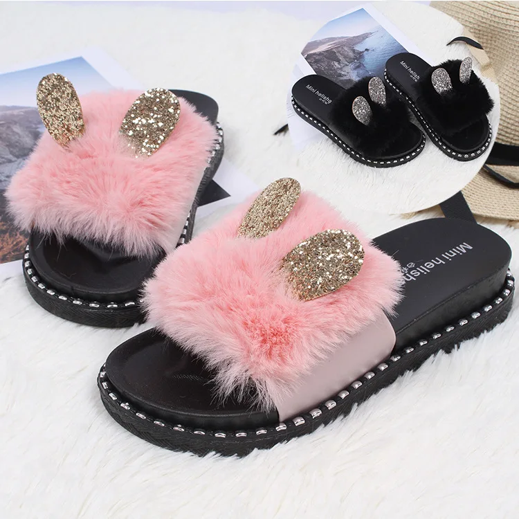 

Women's shoes Fur Slippers Women 2019 Sliders Casual Flat Fluffy Fashion Home Summer Furry Flip Flops Shoes