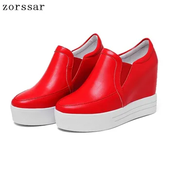 

Zorssar Women Creepers Increasing Height Shoes cow Leather Casual Slip On Platform Wedges High heels Fashion Brand Zapatos mujer