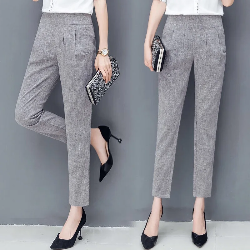 Summer 2019 Office Women Grey Black Ankle Length Linen Harem Pants Female Woman Korea Style Elastic High Waisted 3xl Trousers | Женская