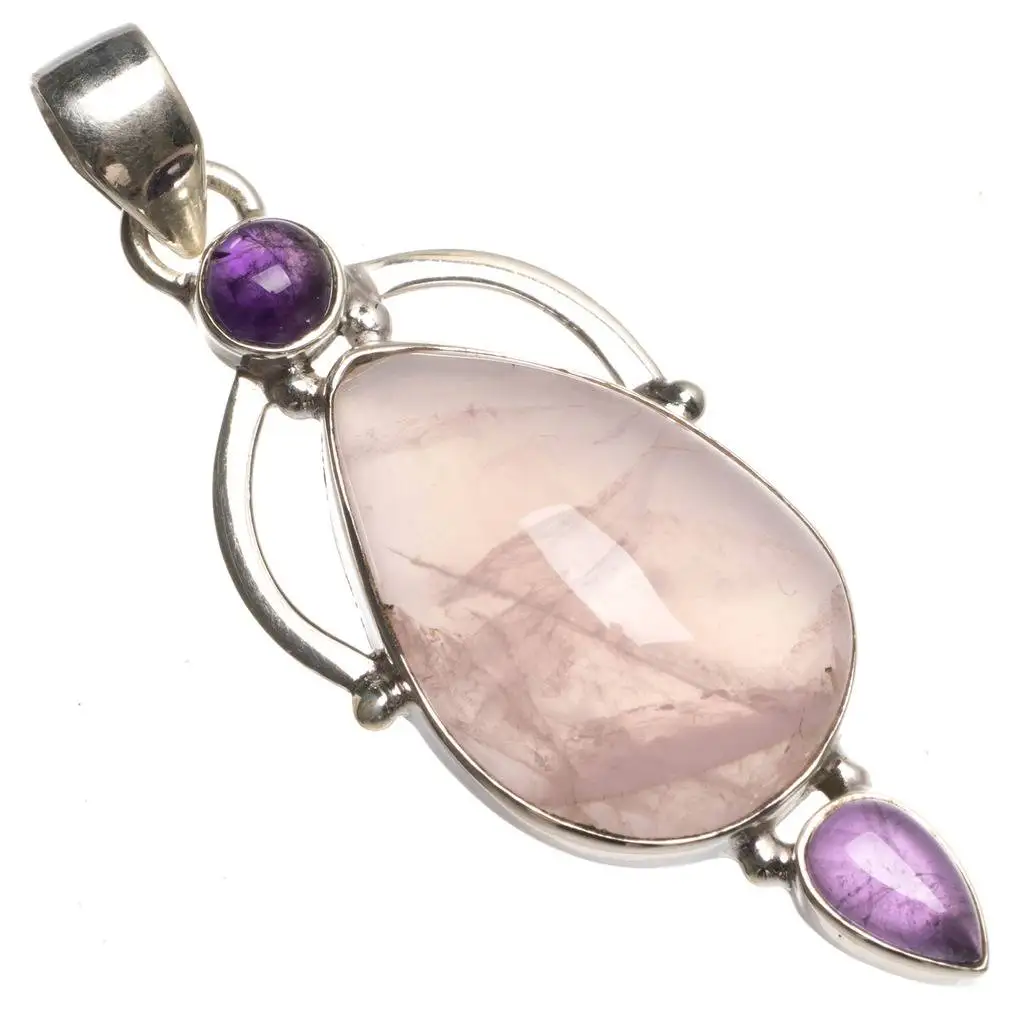 

Natural Rose Quartz and Amethyst Handmade Boho 925 Sterling Silver Pendant 2" T0069