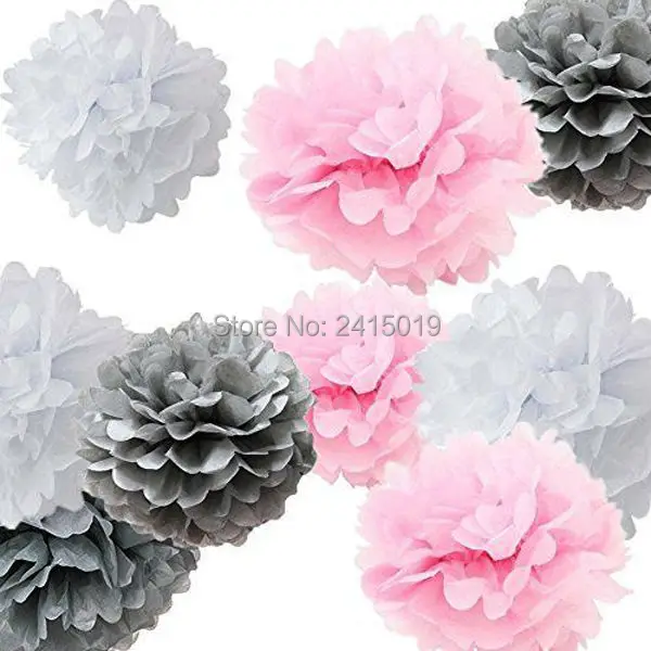 

24xNew mixed sizes silver pink white tissue paper bunting pom poms wedding party wall hanging decorative banner garland