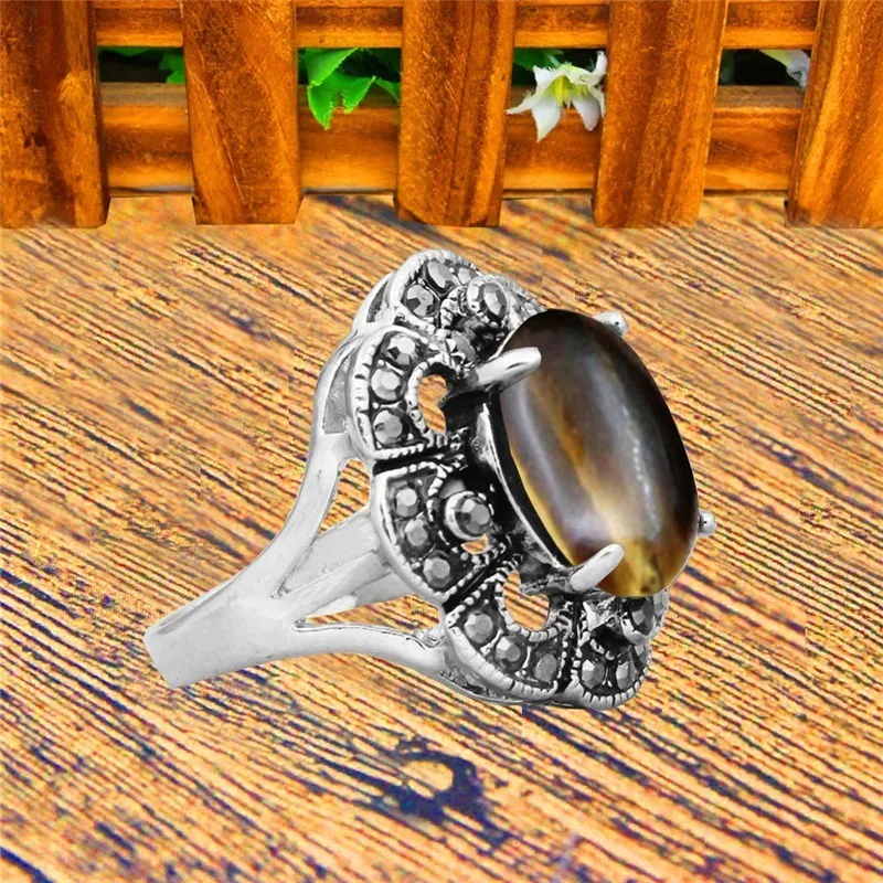 Oval Natural Tiger Eye Rings For Women Vintage Look Antique Silver Plated Rhinestone Plum Flower Fashion Jewelry TR692