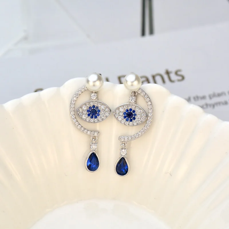 

Turkish Blue Devil's Eye Drop Earrings for Women 925 sterling silver Jewelry Natural freshwater earls Austria crystal Earring