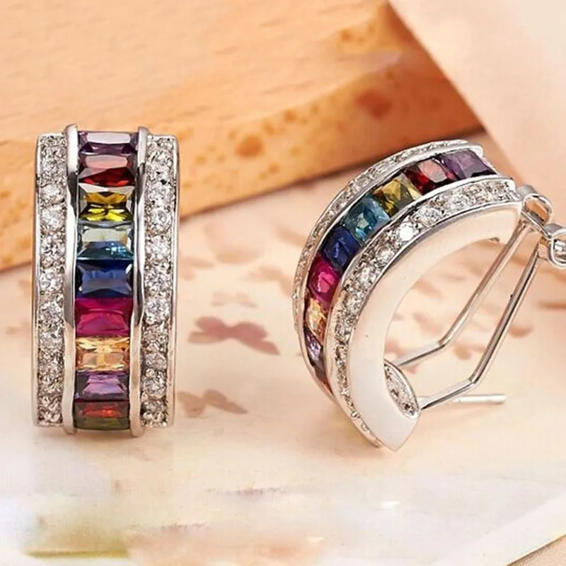 

Luxury Colorful Rainbow Circle Stud Earrings For Women Gift Multi Color Paved Baguette CZ Wedding Earrings Jewelry Mujer L5K693