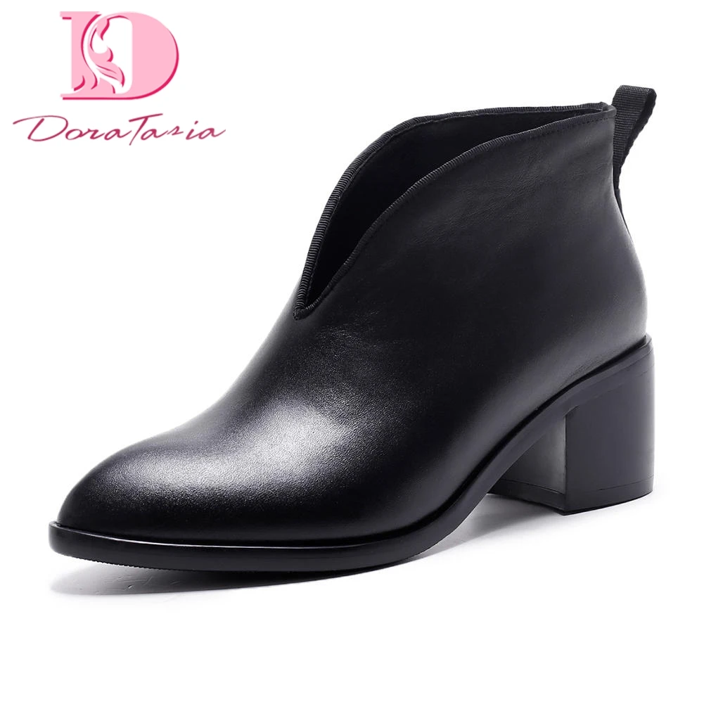 

DoraTasia 2018 Genuine Leather Nature Cow Leather Slip On Chunky Heels Women Booties Shoes Woman Ankle Boots Female Shoe