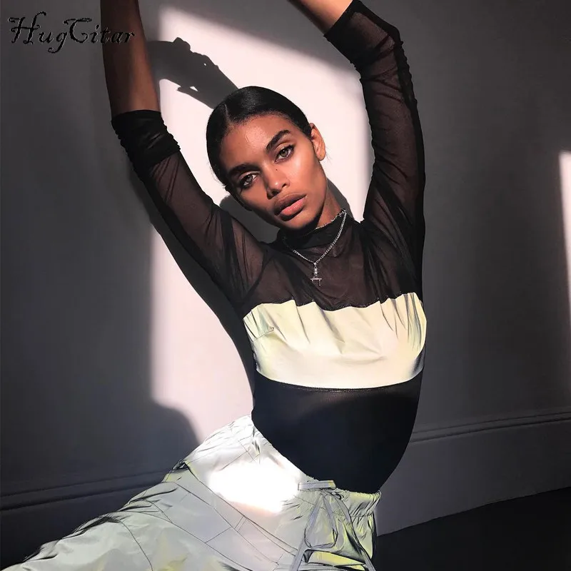 

Hugcitar high neck mesh see through long sleeve reflective patchwork bodysuit 2019 autumn winter women fashion body