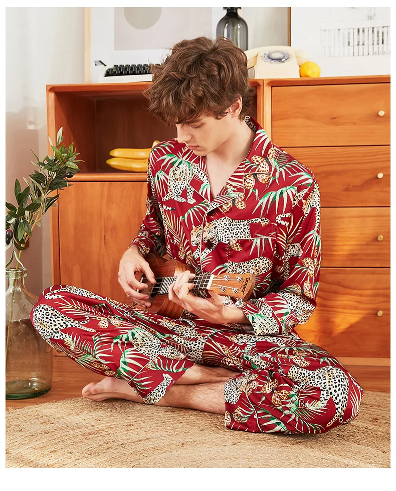 Пижамный комплект для мужчин со штанами с цветочным принтом, ночная Пижама, атласная пижама, шелковая свободная пижама из двух частей с длинным рукавом