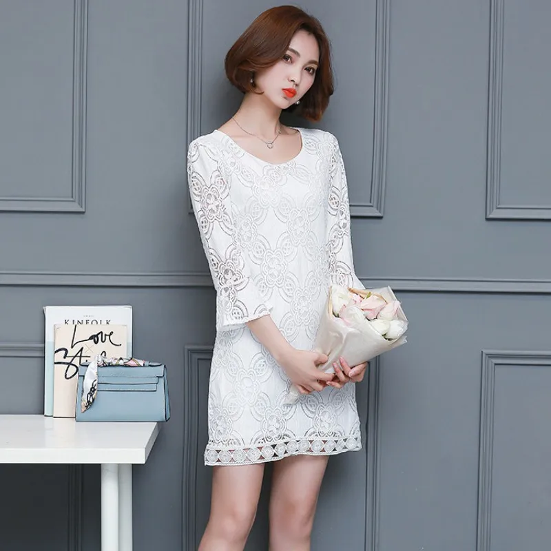

Lace Mini Party Dress Hollow Out Summer Dress Women 3/4 Sleeve O Neck Casual White / Black Straight Elegant Dress Plus Size 4XL