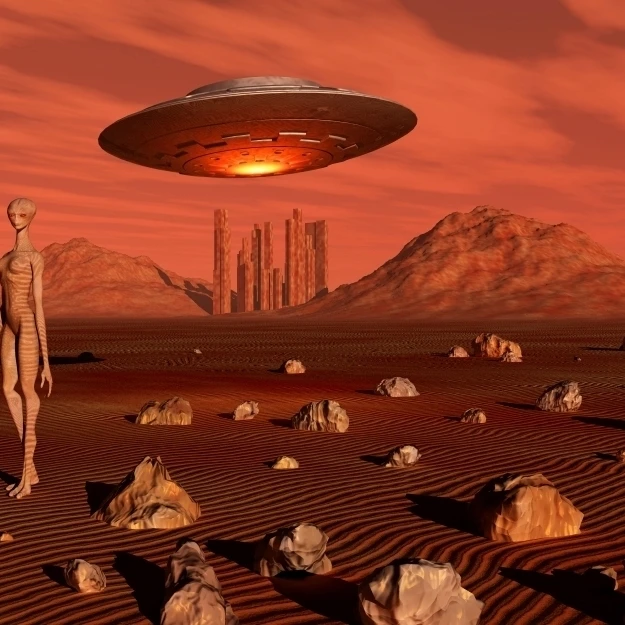 A human astronaut making contact with a reptoid alien on the surface of Mars Poster Print (36 x 22)