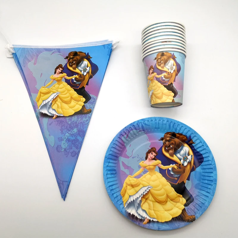 

50PCS Beauty Beast Theme Plates Cups Birthday Party Decoration Flags Happy Baby Shower Hanging Banner Girls Favors Tableware Set