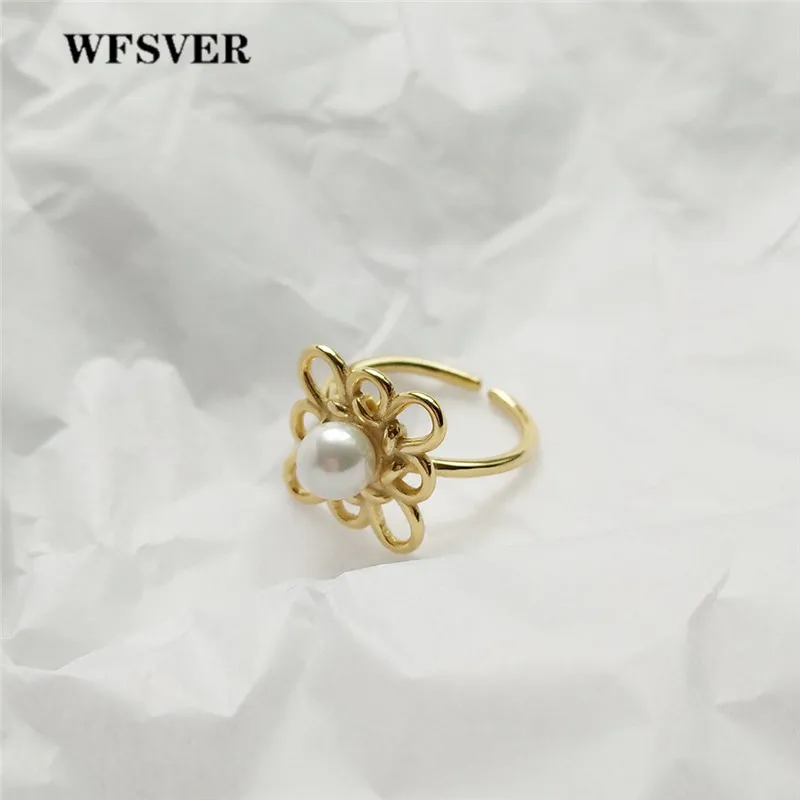

WFSVER women gold color 925 sterling silver ring korea style with pearl chinese knot ring opening adjustable fine jewelry gift