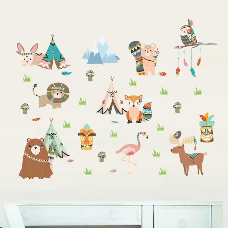 Забавные Животные, индийское племя, Лев, белка, кролик, наклейки на стену для детской комнаты, Детская Наклейка на стену, декор для спальни