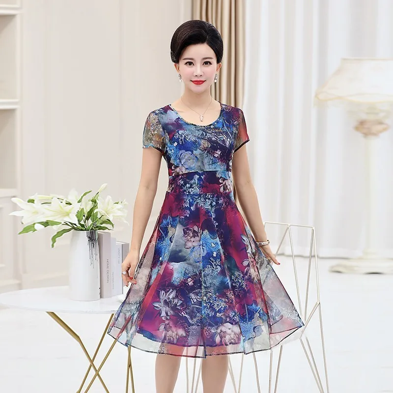 

New 2019 Summer Women Short Sleeve Casual PartyDress O Neck High Waist Chiffon Dresses Vestidos Plus Size 5XL