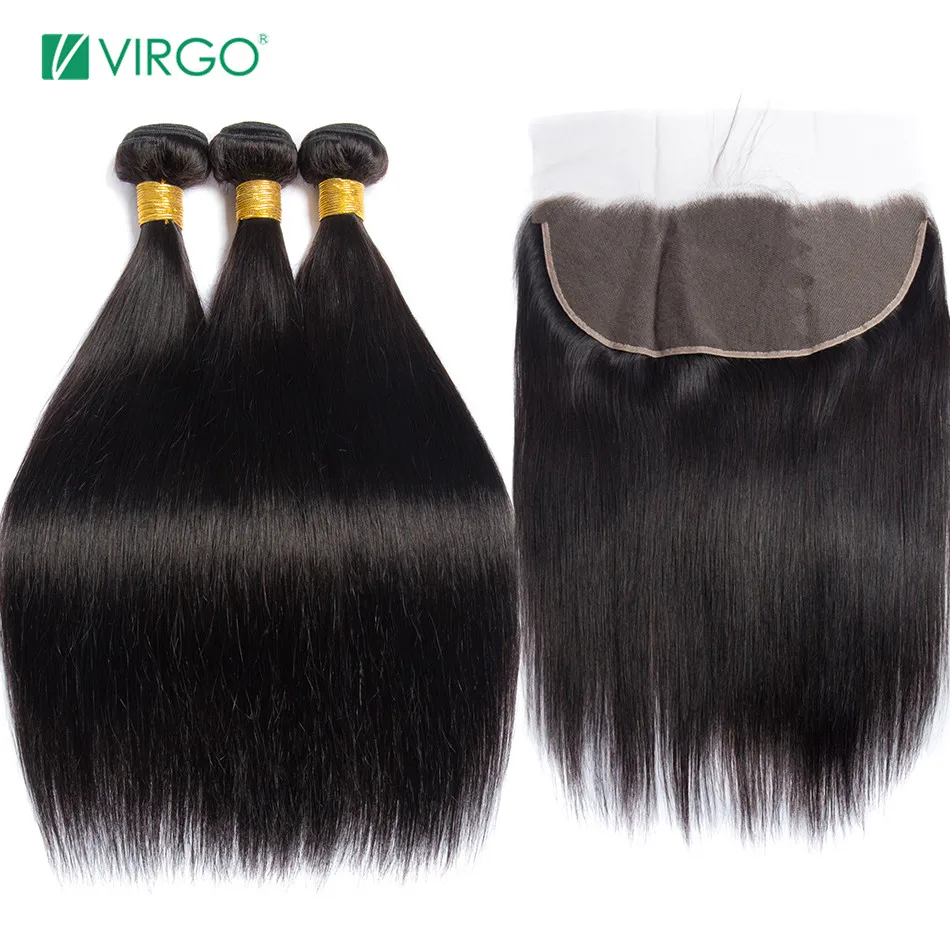 

Virgo Brazilian Straight Hair Bundles With Frontal 3 Bundle Human Hair Weave Non Remy 4 Ps/Lot Lace Frontal Closure With Bundles