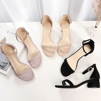

Women Sandals Suede 2019 Platform Square head 4CM Square heel Shoes For Women Heels Sandalias Summer Shoes Flock Sandals