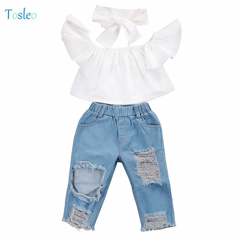 

Baby Girl Clothing Set 1pc Headband +1pc White Tops+1pc Navy Cowboy Denim Sloted Pants Infant Toddler Party Fashion Show Clothes