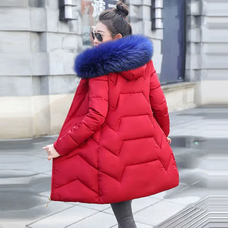 Белое Женское зимнее теплое пальто с капюшоном размера плюс, меховой воротник, хлопковая стеганая куртка, Женская длинная парка, Женская Стеганая куртка - Цвет: Red wine 5