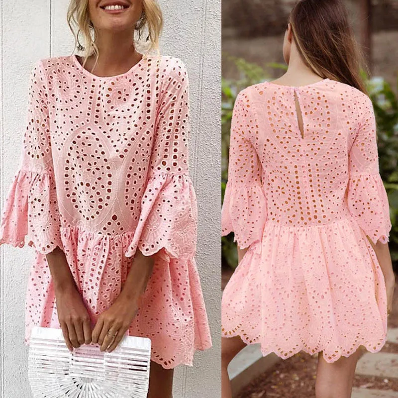 

2019 Women Dress Lace O-neck Three Quarter Sleeves Ruffle Dress for Summer TY53