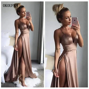 

New Sexy Prom Dresses 2019 High Side Split Spaghetti Straps Simple Ball Party Gowns vestido de fiesta robe de soiree gala jurken