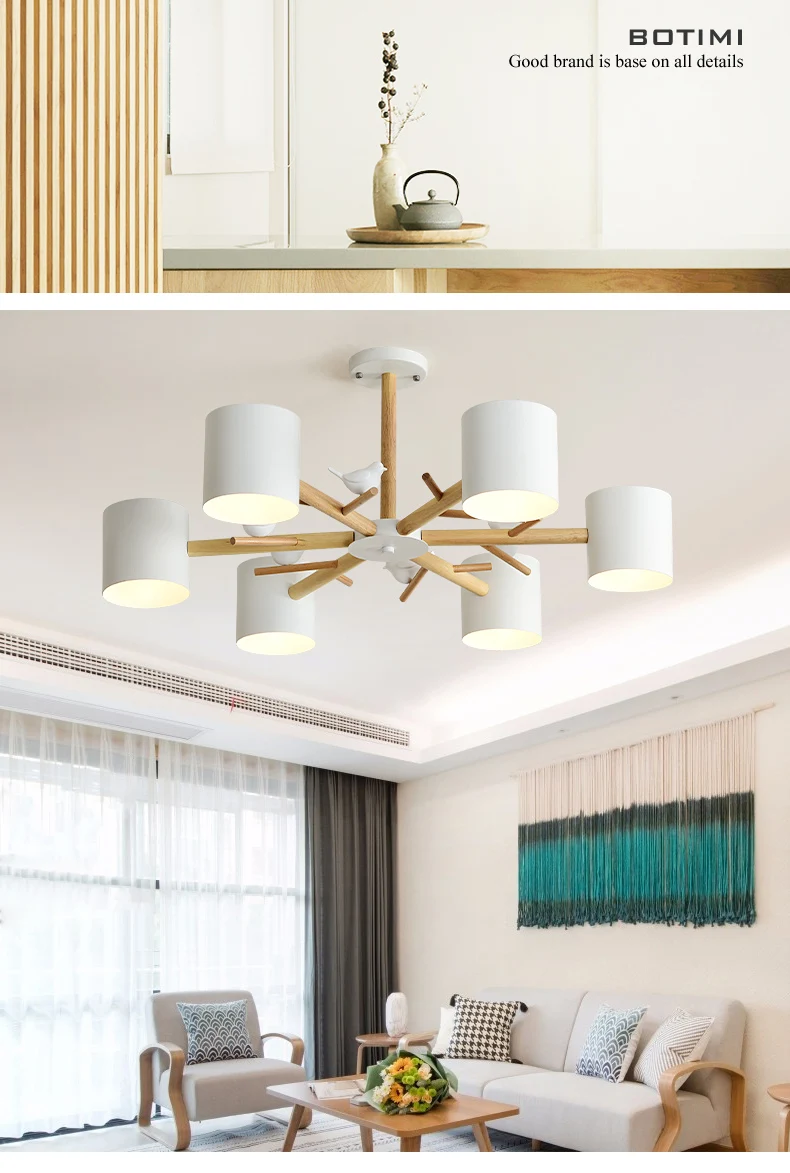 BOTIMI Nordic 220V Birds Chandelier With Metal Lampshade For Living Room Modern Wooden Bedroom Chandeliers candle chandelier