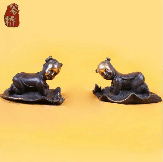 

B0601 417Bronze sculpture, lotus leaf crafts copper doll a pair of furnishings bronze sculpture, decoration statue