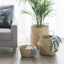 WCIC Handmade Rattan Storage Basket Foldable Seagrass Straw Hanging Woven Garden Plant Flower Pot Handle Toy Storage Container WCIC Handmade Rattan Storage Basket Foldable Seagrass Straw Hanging Woven Garden Plant Flower Pot Handle Toy Storage Container