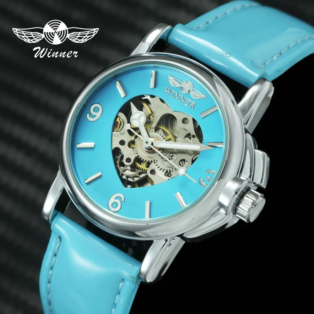 

WINNER Official Top Luxury Brand Fashion Women Watches Automatic Mechanical Heart Skeleton Dial Blue Leather Strap Ladies Watch