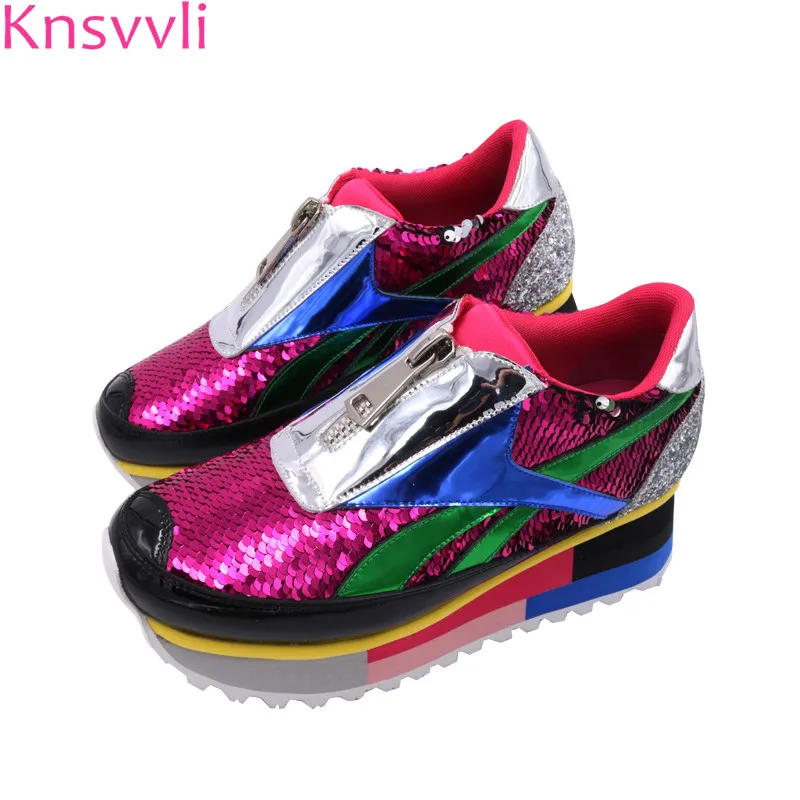 

Knsvvli new sequins flat platform shoes women glittering mixed color Increased Internal casual shoes ladies wedges heel shoes