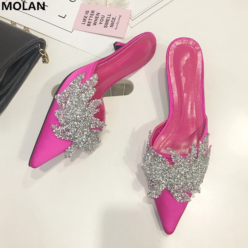 

MOLAN Brand Designer 2019 Summer Luxury Bling Crystal Med Kitten Heels Woman Shoes Pumps Slip On Loafers Mules Flip Flops Casual
