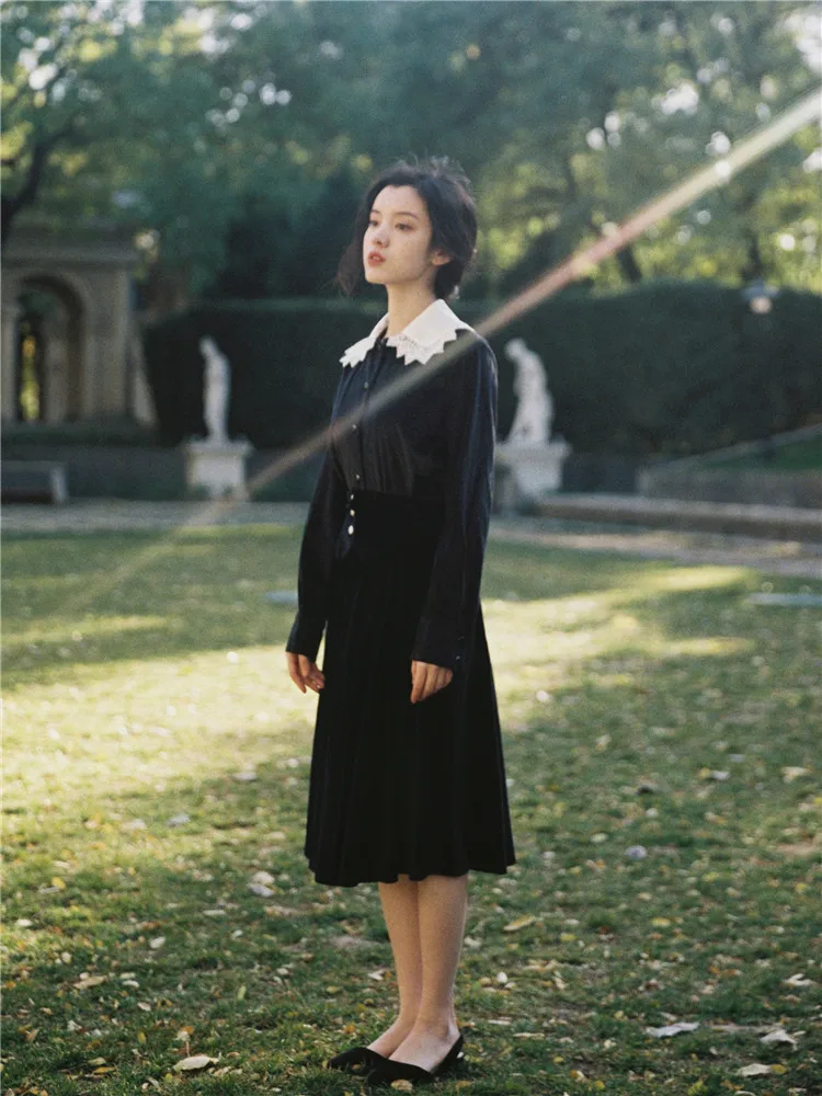 Dell'annata Gonna Il Di Autunno Inverno Pezzo Modo Camicia Due Pezzi Velluto Un E Donne Vestito 2019 Nuove Nero A Oro Set Nk8n0wXOP