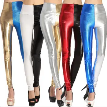 

Womens Fashion Skinny Shiny PU Leggings Faux Leather Hit Color Pencil Pants High Elastic Waist Slim Trousers Pantalons FemmeLG80