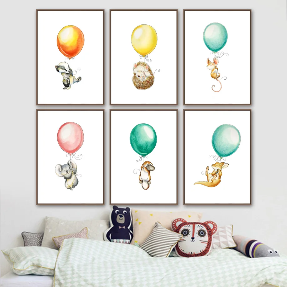 

Mouse Koala Hedgehog kangaroo Balloon Nordic Posters And Prints Wall Art Canvas Painting Wall Pictures Baby Girl boy Room Decor