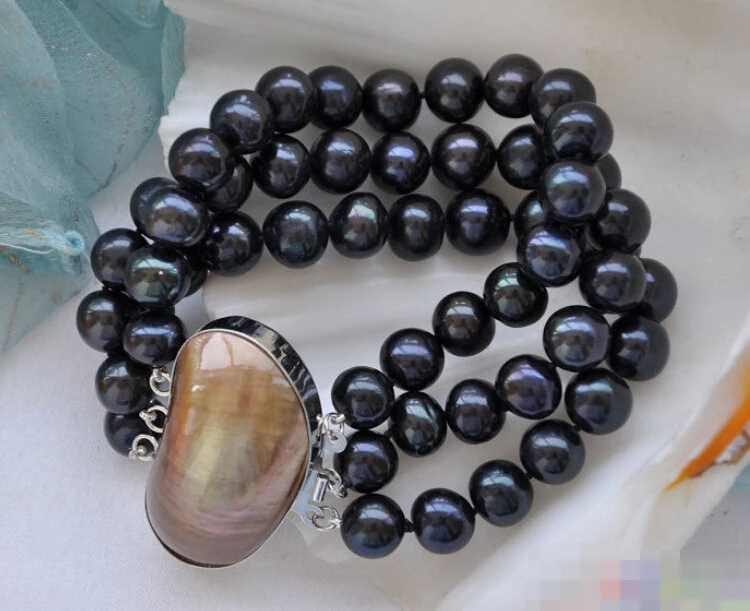 

0710 3row 8" black round freshwater pearl bracelet