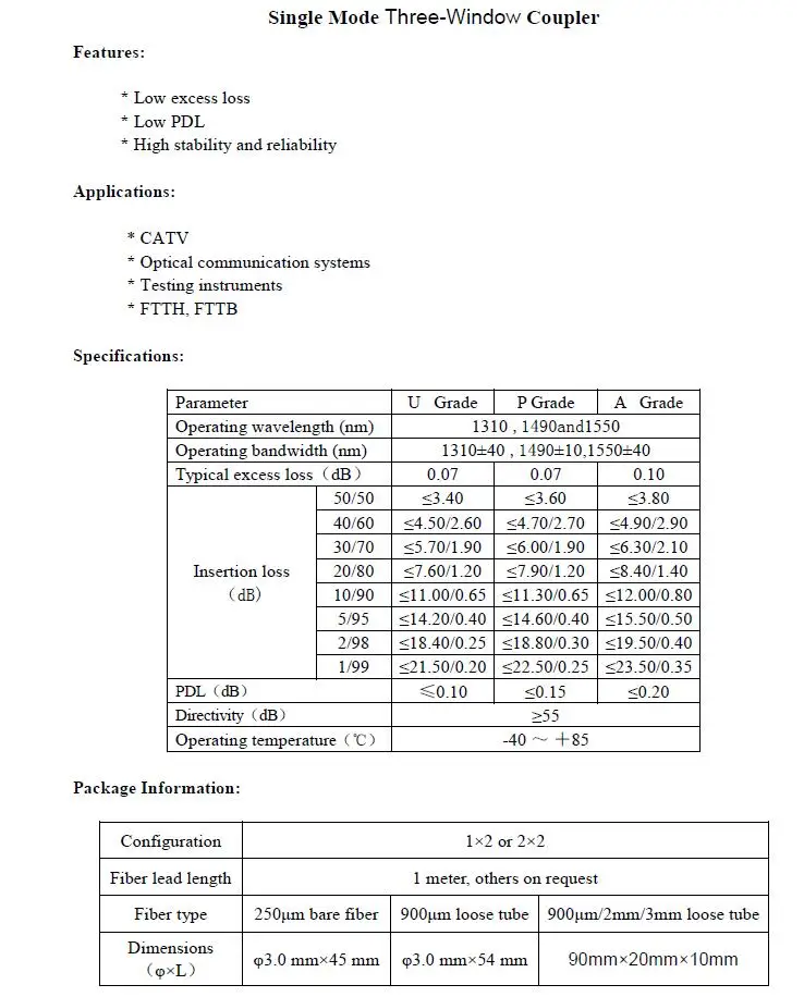 50/50, 1X2 FBT оконном стекле 1*2 Волоконно-оптический соединитель, SM, тройной окна, 1310/1490/1550, 2,0 мм, длина 1 м, пластиковая коробка, 90*20*10, без разъема