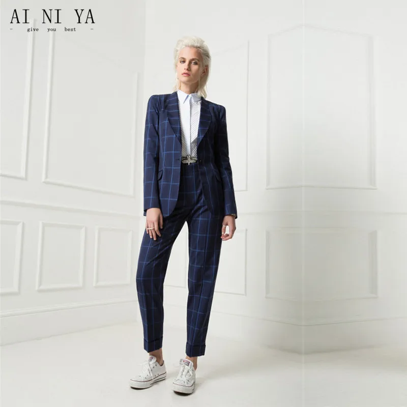 New Women Business Suits Formal Work Office Long Sleeve Coat Pant Suits OL Slim Plaid Pattern Blazer Slim Suit Custom