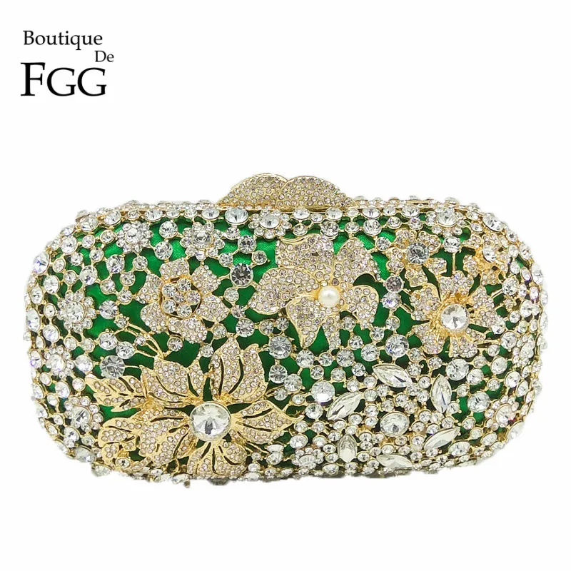 

Boutique De FGG Green Satin Women Flower Crystal Evening Clutch Bag Cocktail Party Handbags Purses Bridal Wedding Metal Clutches