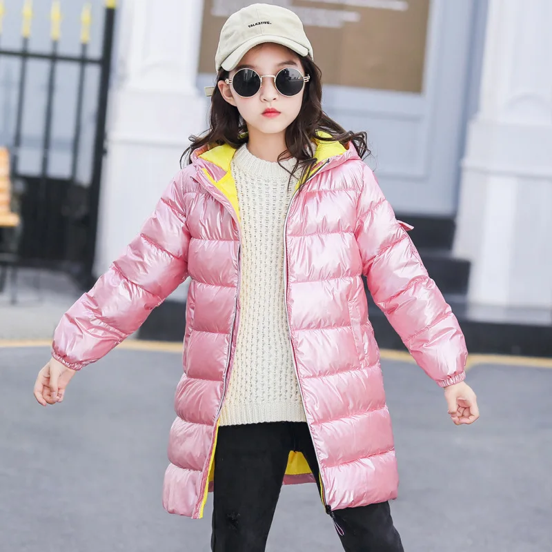 Winter Children's Down Jacket Teens Girls Boys Warm Cotton-padded Thicken Hooded Parka Coat Kids Long Windproof Outerwear - Цвет: pink