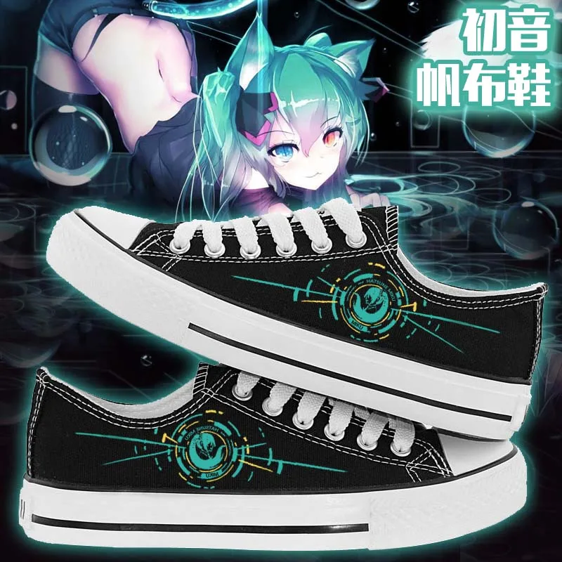 Высокое качество Q унисекс с рисунком из аниме косплей VOCALOID Hatsune Miku парусиновая обувь ботинки для Маскарадного костюма с названием песни «3D туфли на резиновой подошве с названием песни «Hatsune Miku повседневная обувь