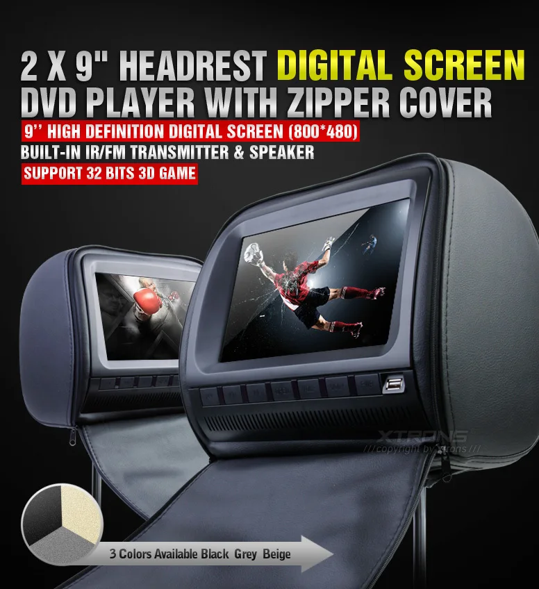 Sale 2x9" Black Color (Grey & Beige Optional) Headrest Car DVD Car Headrest Monitor with DVD Buit-in IR& FM Transmitter 4